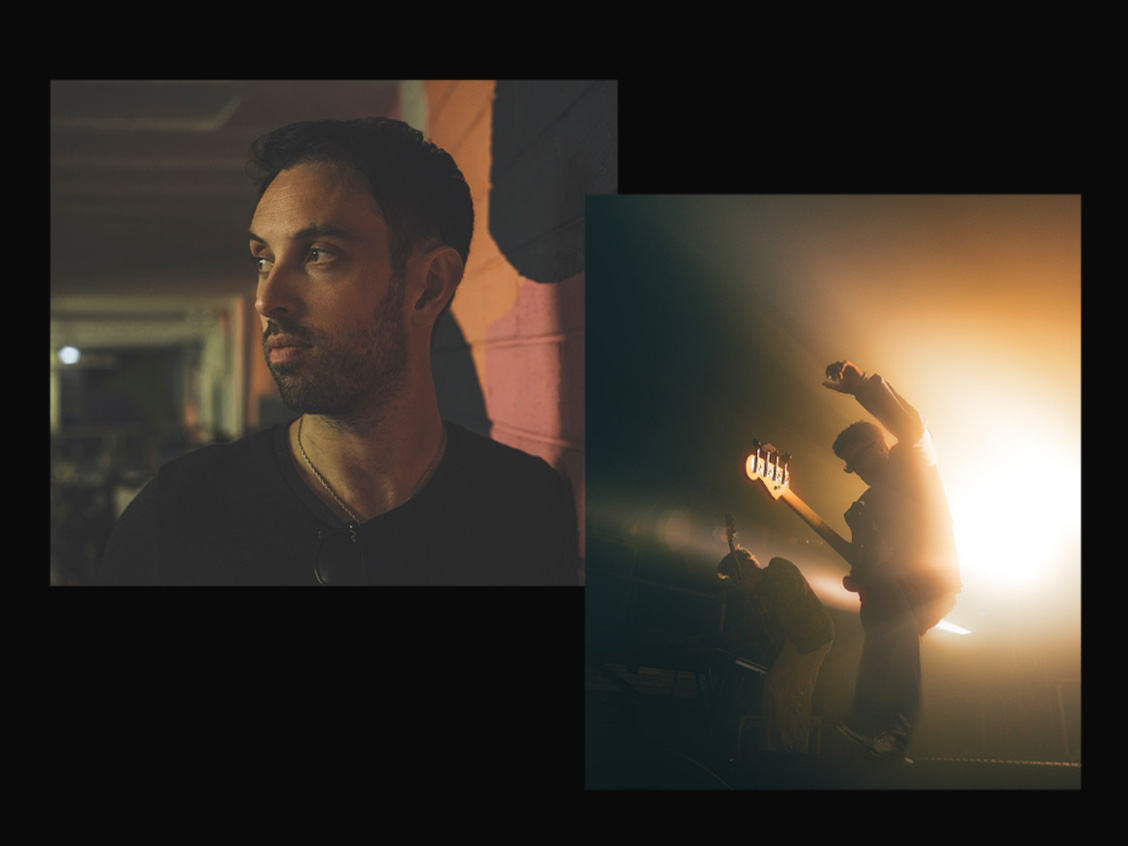 Cathal in a moody hallway portrait, composited with a live gig shot of a bassist silhouetted against stage lights