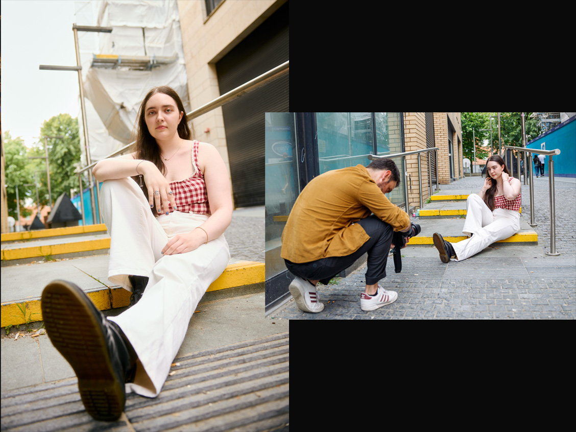 Street portrait of a woman sitting on steps, composited with a behind-the-scenes shot of the photographer crouching to shoot her