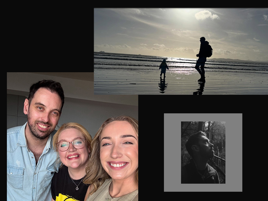 A group selfie composited with a silhouetted photo of an adult and child walking along the shoreline at sunset